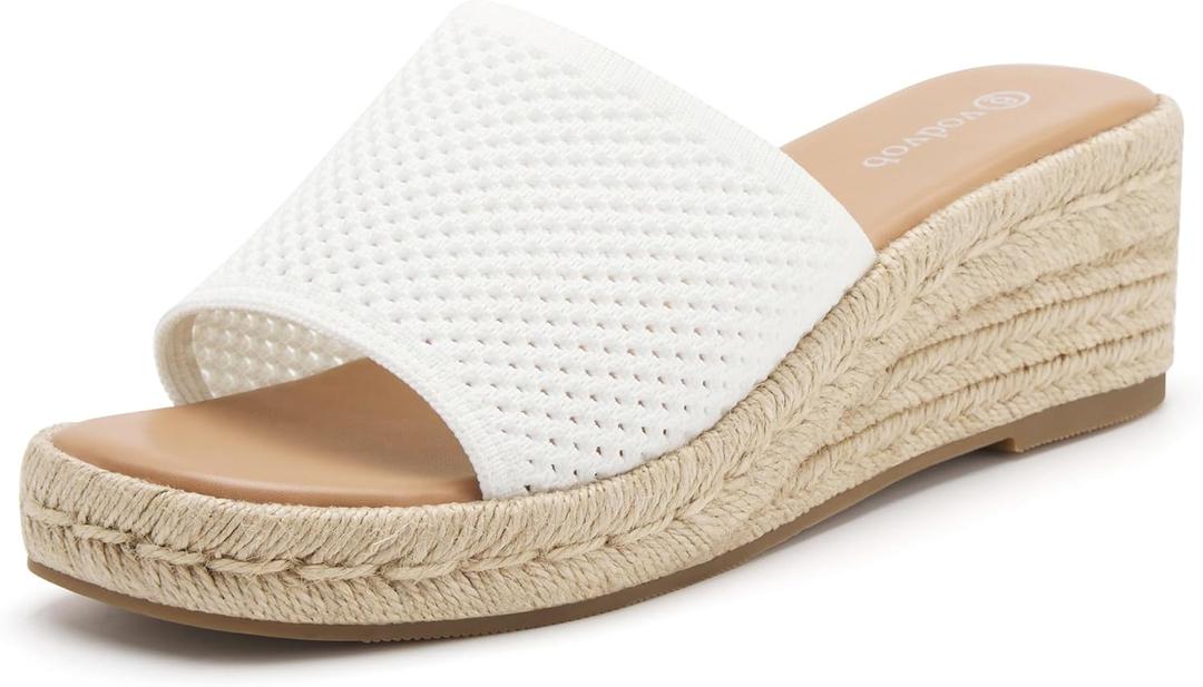 vodvob Women's Espadrilles Wedge Sandals Platform Slip On Slide Sandals Open Toe Bohemia Mules Summer Beach Casual Heels Sandals, Size 10, White 