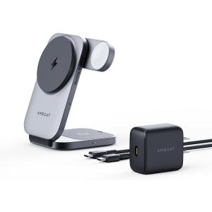 3 in 1 Charging Station, MagFusion Z Foldable Qi2 Certified 15W Wireless Charger Stand Compatible with MagSafe for iPhone 16/15/14/13/12, Apple Watch, AirPods (30W PD Charger Included) (Grey)