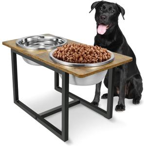 Elevated Dog Bowls for Large Dogs, Raised Dog Bowl Stand with Two X-Large Stainless Steel Bowls for Dogs, 3.5L Capacity, Rustic Brown