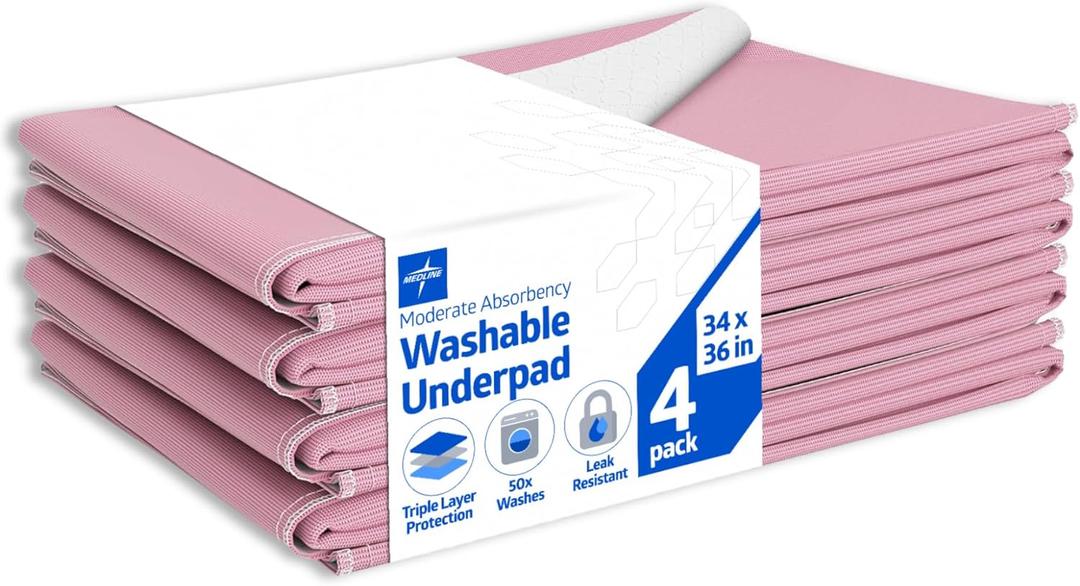 Medline Washable Bed Pads for Incontinence, Large 34 x 36 Inch Reusable Underpads, 4 Pack, Pee Pads for Dogs, Adults, Kids and Baby, Pink Sofnit 300