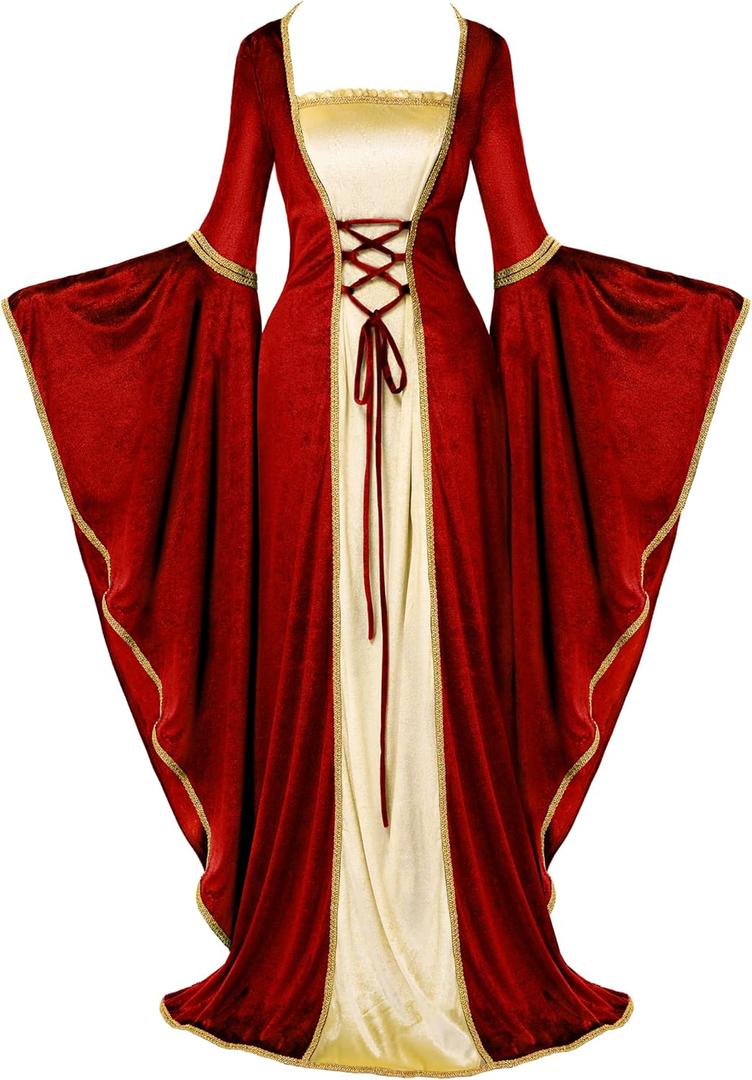 Spooktacular Creations Renaissance Costume Women, Velvet Medieval Dress for Women, Irish Renaissance Dress for Halloween (Size Medium, Red)