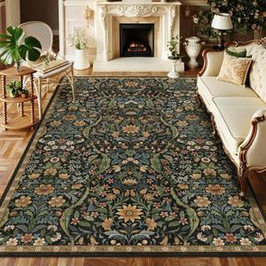 Floral Washable 6x9 Area RugBlack Brown Boho Rugs for Living Room, Soft Low-Pile Non-Slip Stain Resistant & Non-Shedding Carpet for Girls Bedroom,Dining Room,Office,Entryway,Nursery