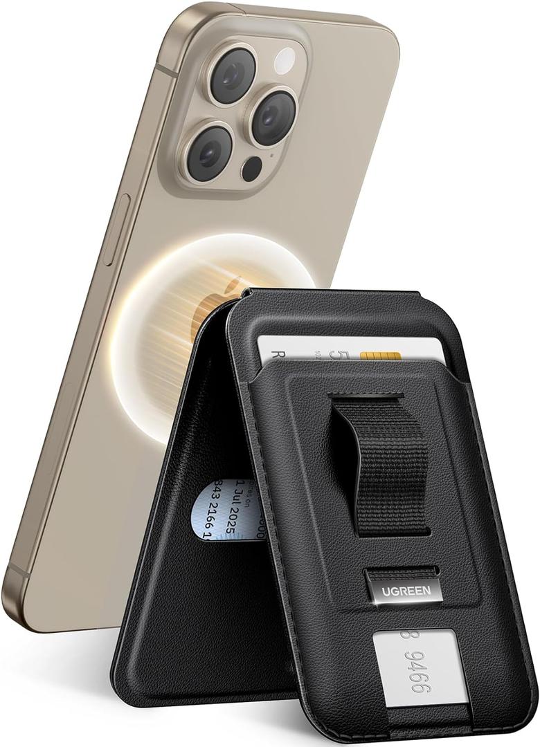 UGREEN for Magsafe Wallet, Magnetic Phone Wallet Compatible with iPhone with Finger Loop Grip, Adjustable Stand Compatible with iPhone 17 16 15 14 13 12 Series (Mini Not Included), Black