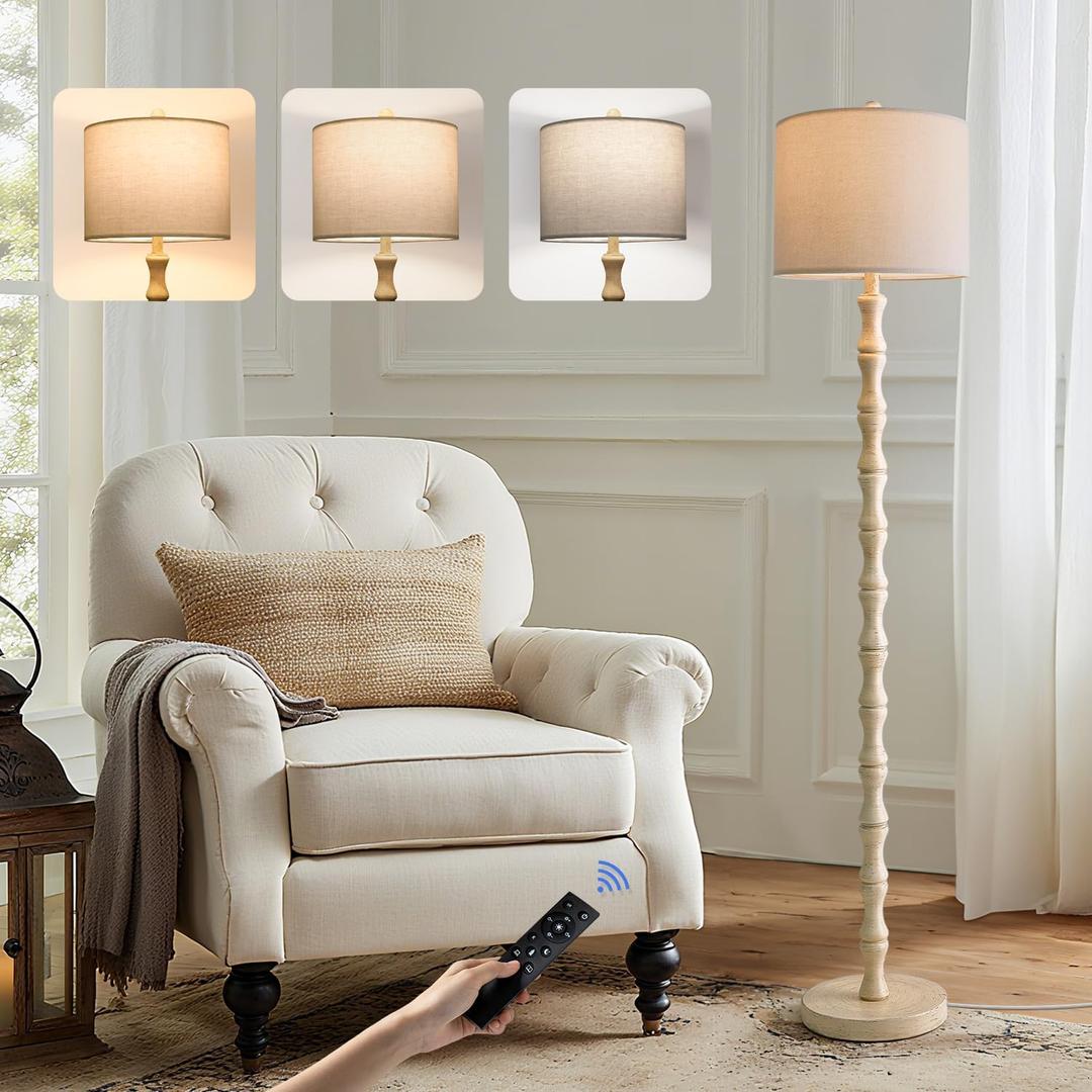 BOBOMOMO 62" Rustic Farmhouse Floor Lamp Antique White with Remote & Dimmable 9W Bulb, 3 Color Temperatures Resin Standing Lamp, Retro Tall Lamp for Living Room, Bedroom, Nursery, Office, Reading Nook