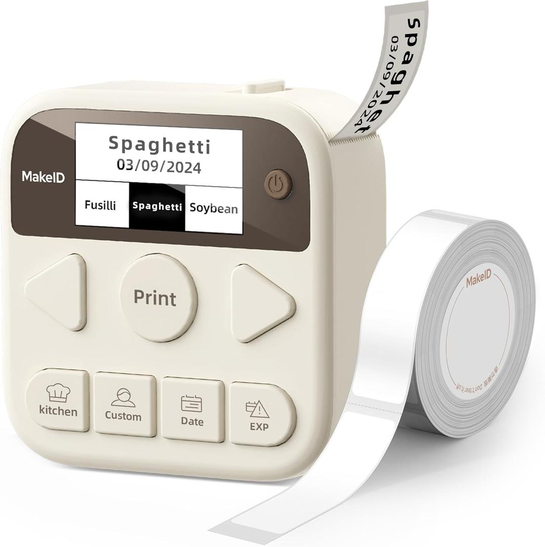 Makeid Label Maker Machine with Tape, S1 Pro Bluetooth LCD Display Labeler, One-Click Quick Print Inkless Magnetic Label Printer for Kitchen Home School Office Organization