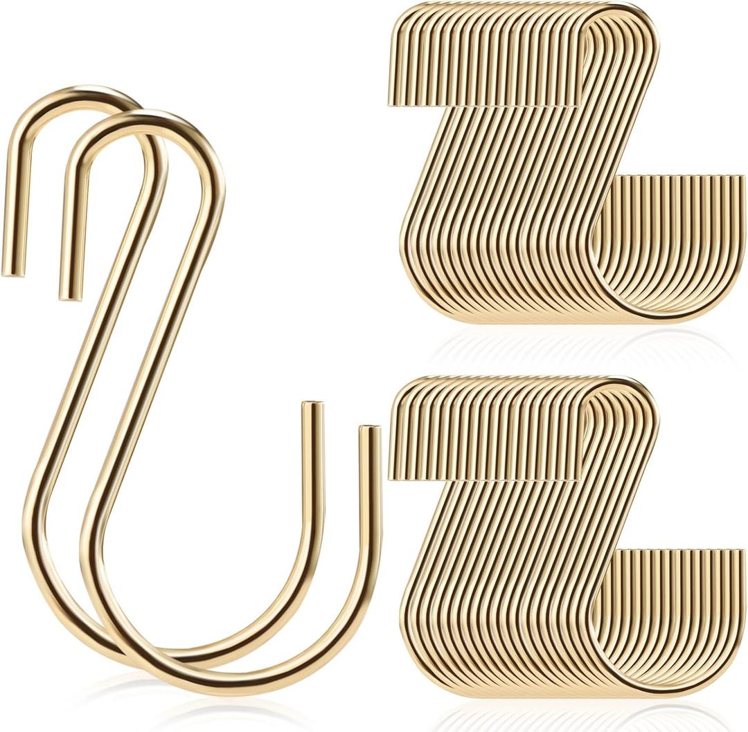 Sratte 60 Pcs S Hooks for Hanging 1.8 Inch Heavy Duty S Hooks Bulk Curtain Hanging Connectors Mini S Shaped Hangers Ornament for Plants Pots Pans Mugs DIY Jewelry (Gold)