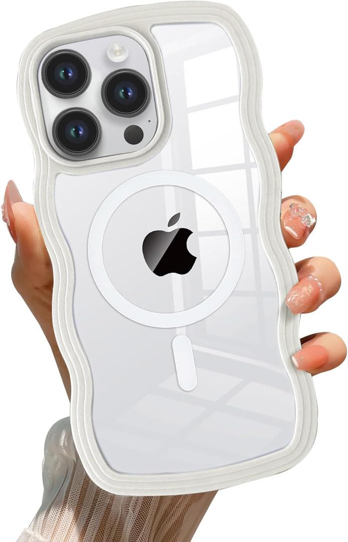 QLTYPRI Magnetic for iPhone 16 Pro Max Case Compatible with Magsafe, Cute Curly Wave Frame Clear Case for Girls Women, Transparent TPU Bumper Shockproof Protective Phone Cover - White