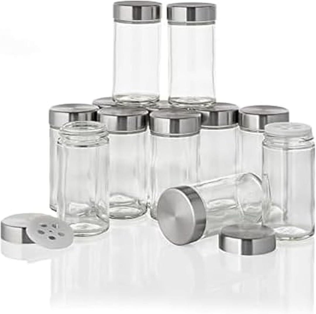 Kamenstein Clear Reusable 3 Oz Jars With Stainless Steel Shaker Lids, And Twist-On Caps For Airtight Seals 12 Pk (Set of 12, Silver)