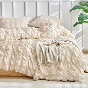 WARMDERN Seersucker Duvet Cover Set Queen Size, Grid Pattern Textured Beige Duvet Cover, 3pcs Soft Breathable Microfiber Bedding Duvet Cover Set with Zipper Closure & Corner Ties(Beige, Queen, 90x90)