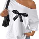 Women's Off The Shoulder Tops Floral Graphic Oversized Tshirts Shirts Y2k Summer Tops Trendy (Small, White Bow)