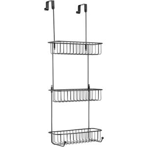 MDesign Extra Large Metal Over Shower Door Caddy, Hanging Bathroom Storage Organizer Center with Built-In Hooks and Baskets on 3 Levels for Shampoo, Body Wash, Loofahs - Black