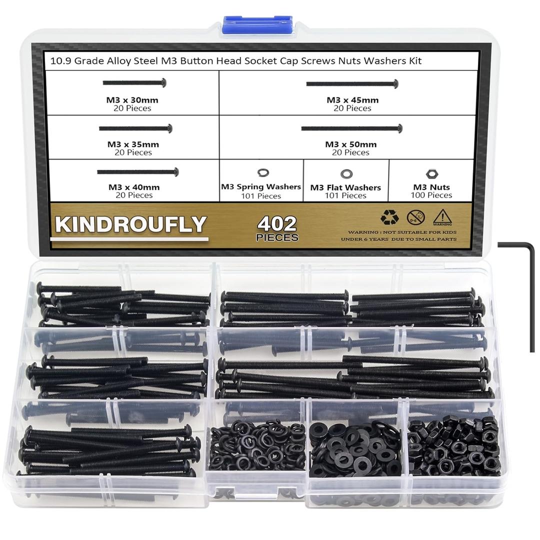 402 Pieces Black M3 x 30/35 /40/45 /50 mm Button Head Socket Cap Screws Nuts Washers Assortment Kit, 10.9 Grade Alloy Steel