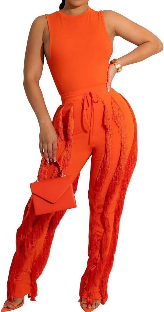 EDITCOZY Women Sexy Two Piece Outfits Fringe Pants Set Tassel Club 2 Piece Sets Going Out Birthday Party Night (Small, Orange)