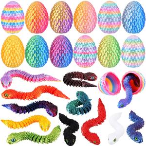 Honoson 12 Set 3D Printed Animals with Dragon Eggs 3D Printed Dragon Eggs Flexible Articulated Mini Animal Figurines Desk Pets for Party Favor Home Decor Easter Basket Stuffers(Snake)
