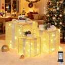Brightever 12" 10" 8" Set of 3 Lighted Boxes - Larger Pre-lit Present Boxes with 70 LED Warm White String Lights and Bows, Foldable Christmas Ornaments for Indoor Outside Xmas Tree
