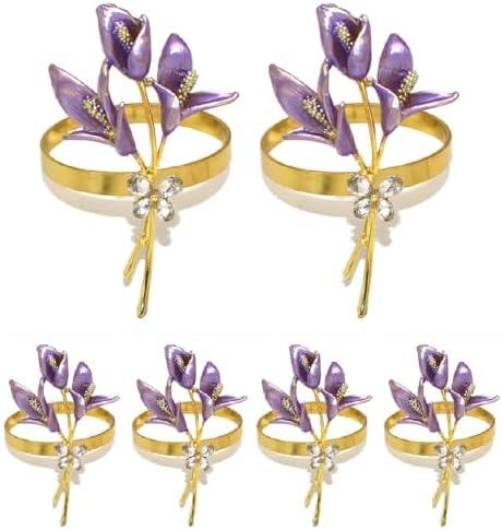 Gold Lily Napkin Rings Set of 6, Metal Napkin Ring Holders for Wedding Party Holiday Banquet Christmas Dinner Delicate Serviette Buckles Decor Favor (Lily-Purple)
