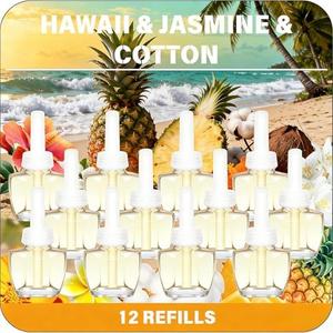 Plug Ins Refills Air Freshener 12 Pack,Hawaiian, Jasmine & Cotton, for Home and Bathroom 7.92 Fl Oz Compatible with Air Wick & Glade Not Include Glade Plus, 0.66 Fl Oz (Pack of 12)