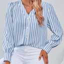 Women's Business Casual Tops Summer Long Sleeve Button Down Shirts V Neck Chiffon Blouses (Blue, S)