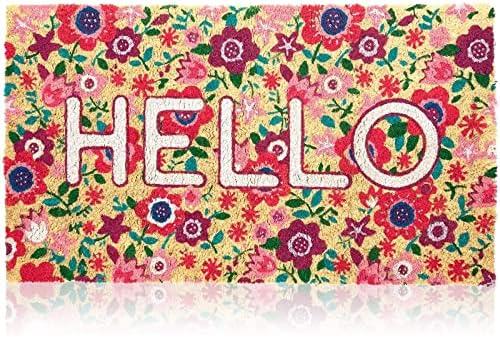 Juvale Natural Spring Hello Floral Coir Welcome Doormat for Front Door, 17 x 30 Inches - Welcome Mat for Door Entrance, Backyard, Entryway