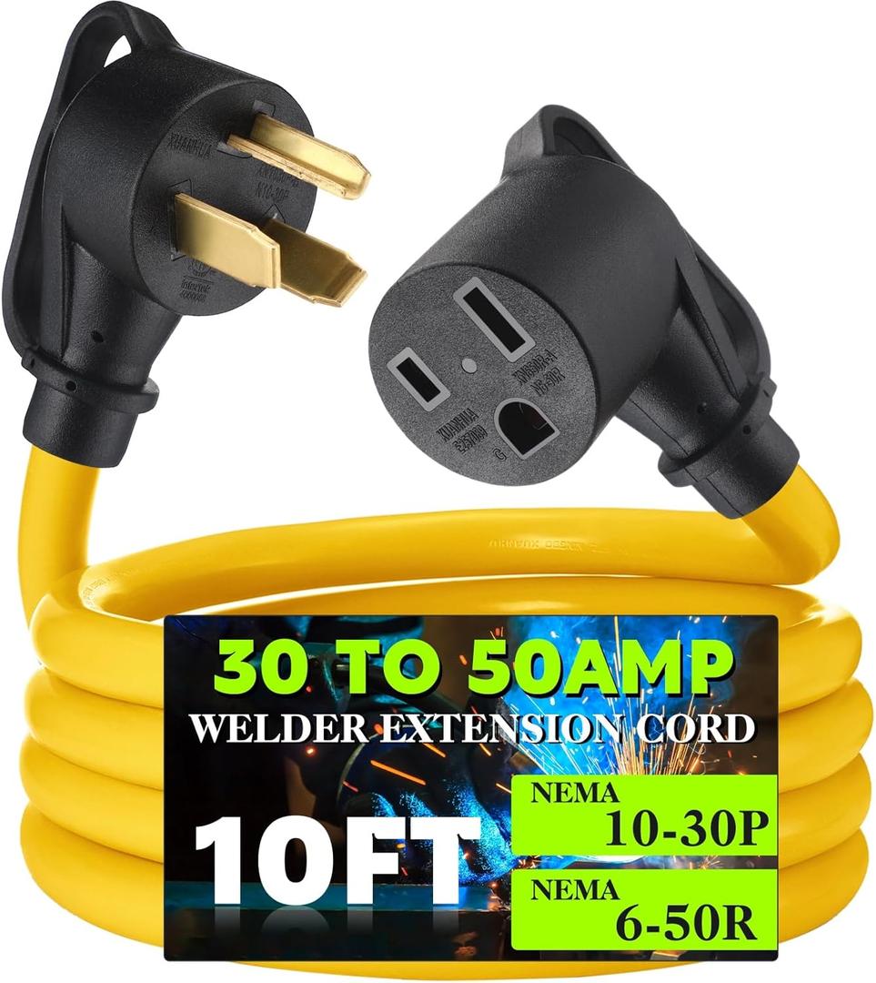 10FT 30 Amp to 50 Amp Welder Adapter Cord Compatible with NEMA 10-30P to 6-50R Extension Cord, 3 Prong Dryer to Welder Plug Adapter for Welding Machine EV Charger, STW 10 AWG/3C, ETL Listed (Yellow)