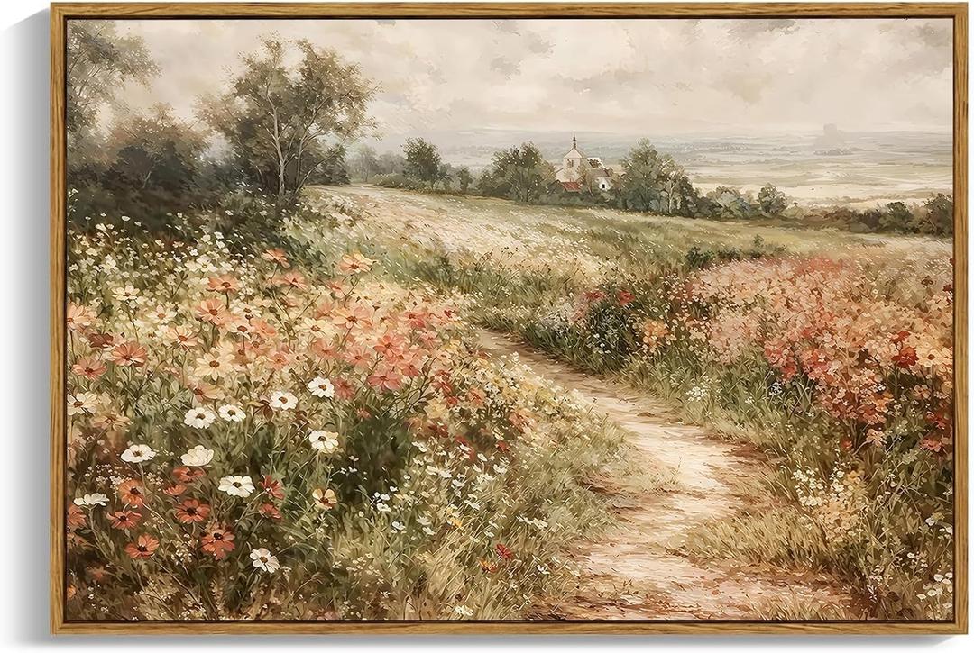 OIQArtOIQ Framed Canvas Wall Art,Vintage Decor,Landscape Nature Country Wildflower Paintings Farmhouse Pictures Modern Artwork Rustic Fall Flower Prints Cottagecore Office Living Room Bedroom Bathroom (24"x36" Framed Natural)
