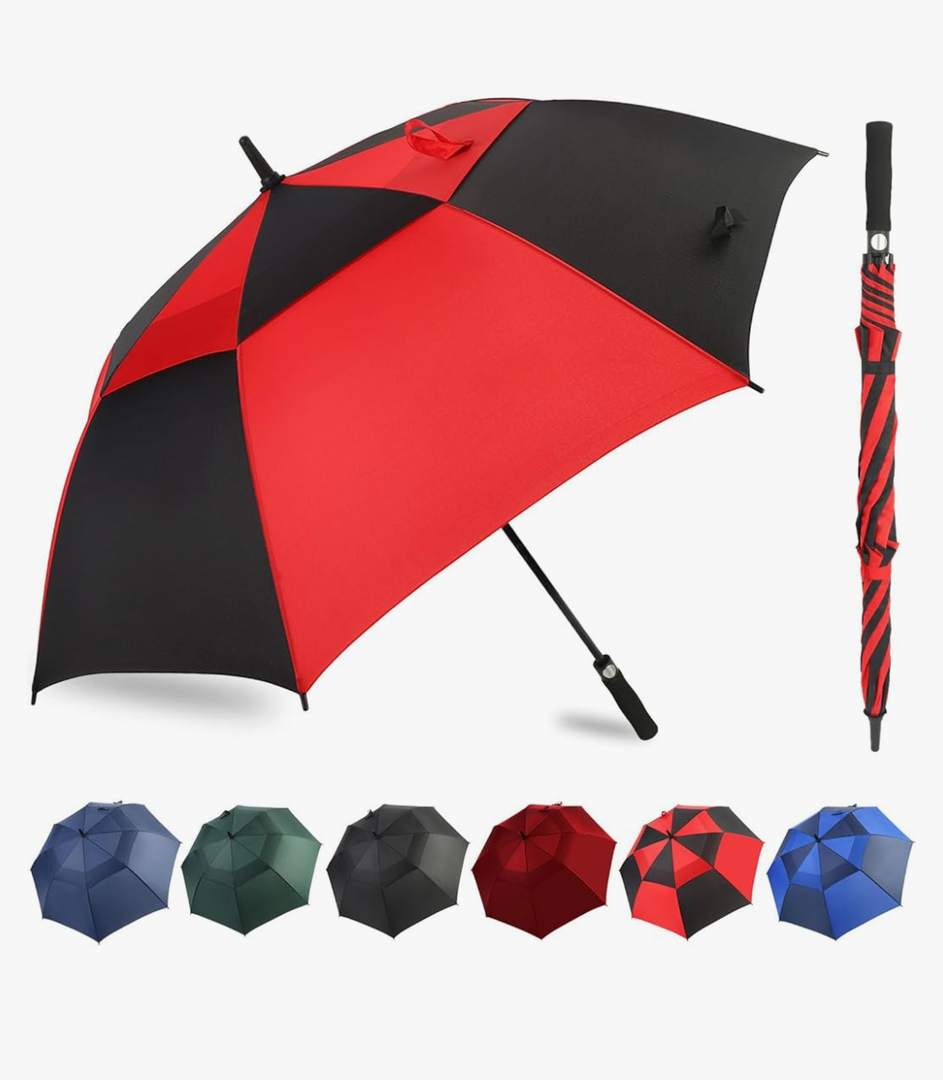 Automatic Open Golf Umbrella, 54 inch Extra Large Oversize Double Canopy Vented Stick Umbrellas, Windproof Waterproof Umbrella for Men And Women (Red Black)