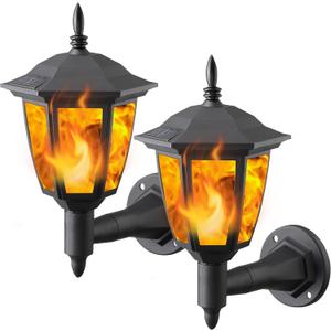 Dynaming 2 Pack Solar Flame Wall Lanterns Outdoor, Solar Powered Wall Mounted Sconce Lights, Flickering Flame LED Lights Auto On/Off Wall Hanging Lights, Waterproof for Garage Stair Patio Porch Yard