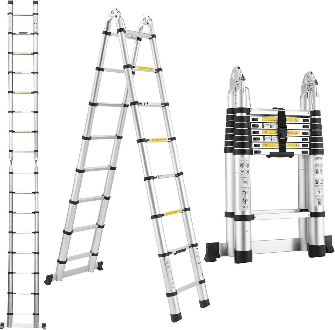 Telescoping Ladder A Frame 16.5Ft Aluminum with Stabilizer Bar, 330 LBS Capacity, Collapsible Extension Ladder for House, Roof, RV & Travel Trailer(Silver)