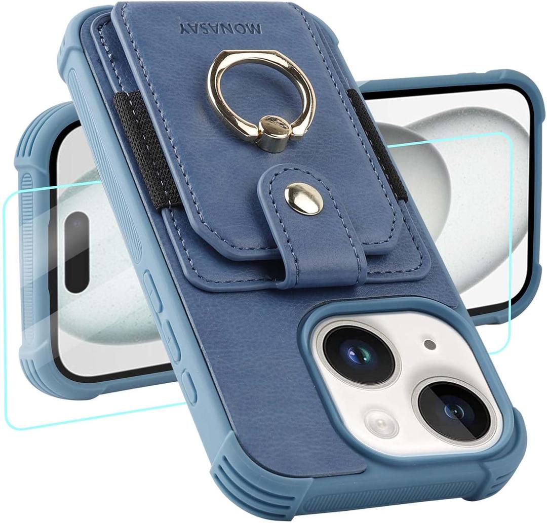 MONASAY Wallet Case Compatible for iPhone 15 Plus/14 Plus 5G 6.7 inch with 360 Rotation Ring Stand[Glass Screen Protector][RFID Blocking] Leather Phone Cover with Card Holder, Light Blue