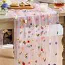 3 x Artoid Mode 3PCS Pink Embroidery Daisy Gauze Table Runner 120 Inch 10FT, Seasonal Sheer Kitchen Dining Holiday Wedding Birthday Table Decor for Home Party