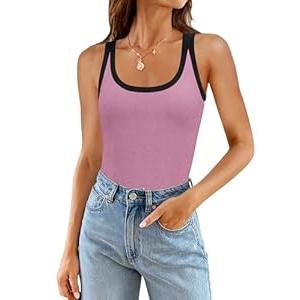 ZESICA Women's Summer Ribbed Color Block Tank Tops Casual Knit Scoop Neck Sleeveless Shirts Pink Purple, Large