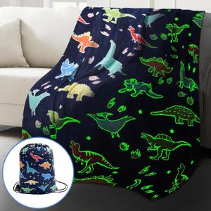 Dino Glow in The Dark Dinosaur Blanket with Bag for Boys Kids Girls Child Teen Cute Soft Dinosaur Gifts Toys for Birthday Christmas Halloween Present Room Decor Blanket 50"x60" (Navy Blue)