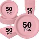 Oojami Light Pink Disposable Dinnerware Set 200 Piece Party Pack for 50 Guests with 9" Dinner Plates, 7" Dessert Plates, 9 oz Cups & 3-Ply Napkins for Weddings, Birthdays & Events