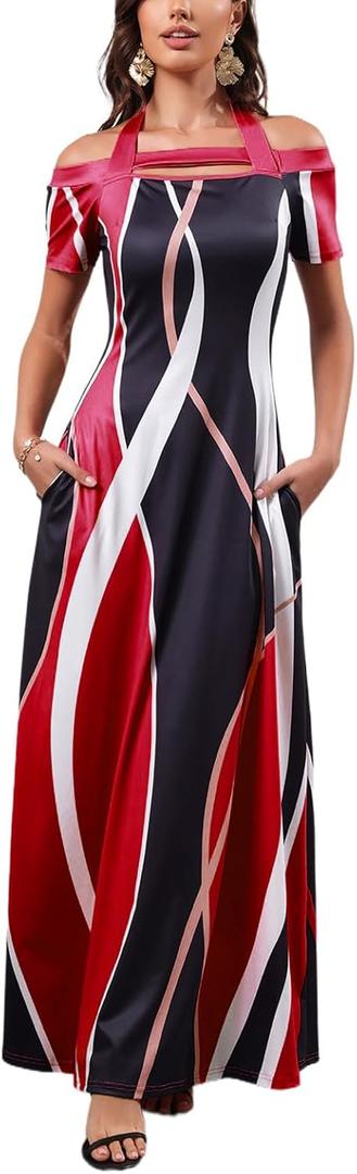 SheKiss Plus-Size Hawaiian Summer Maxi Dresses for Womens Long Digital Print Beach Vacation Holiday Sundress with Pockets 2XL