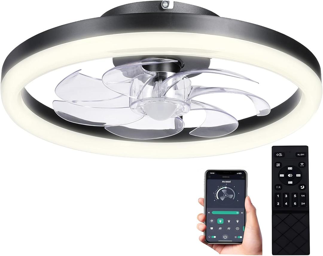 20inch Ceiling Fans Lights,68W Flush Mount Ceiling Fan with Ceiling Lights,Dimmable 3CCT,App Control,Remote Control,Timer,6 Wind Speeds Smart Low Profile Ceiling Fan for Room (C-Black)