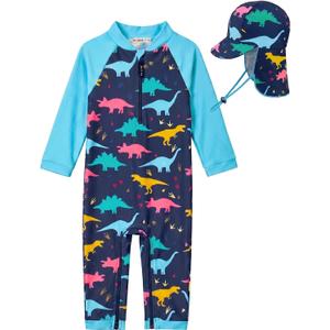 WeVSwe Toddler Rash Guard Boy Long Sleeve UPF 50+ UV Protection Baby Boy Bathing Suit Swimsuit & Hat Infant Blue Dinosaur 18-24 Months