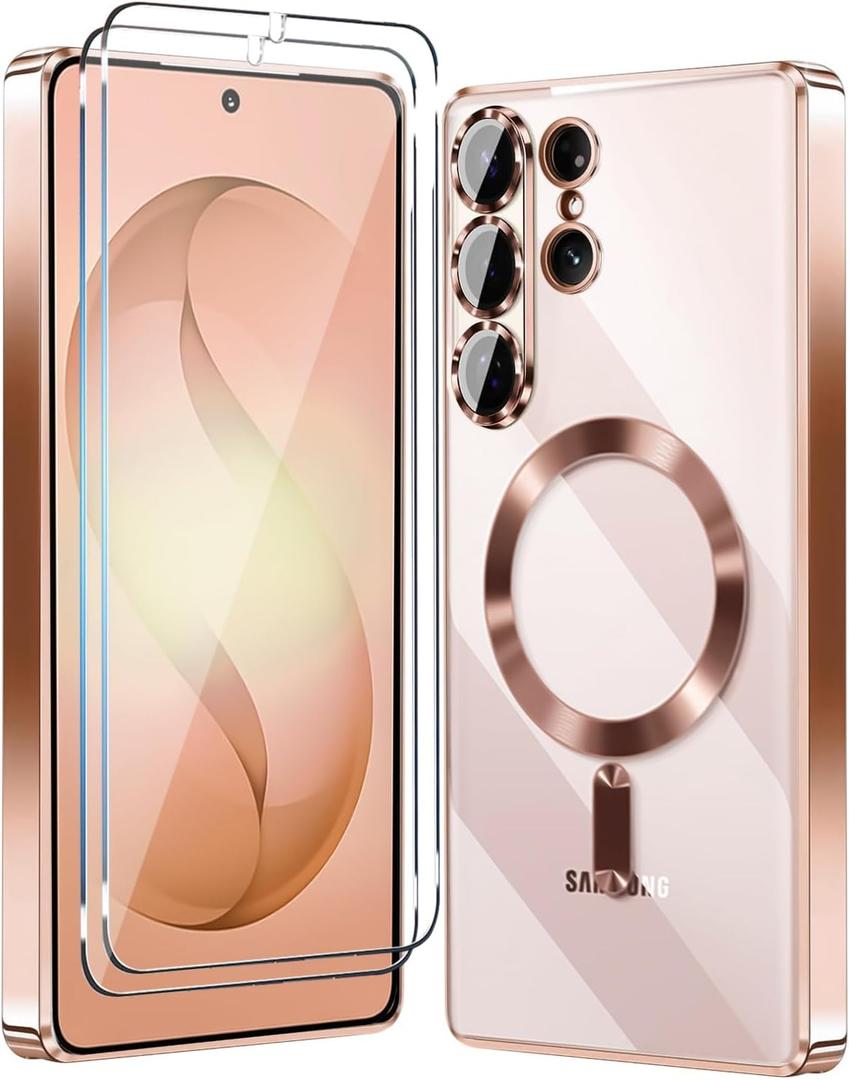Magnetic Glossy Case for Samsung Galaxy S26 Ultra, S26 Ultra Phone Case Clear Luxury with Screen Protector X2 & Camera Protector [Compatible with MagSafe],Cover for Samsung S 26 Ultra-Rose Gold