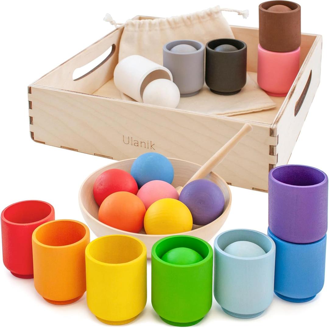 Ulanik Large Balls in Cups Toddler Montessori Toys for 1 Year Old + Kids, Preschool Wooden Matching Games for Learning Color Sorting and Counting - 12 Balls