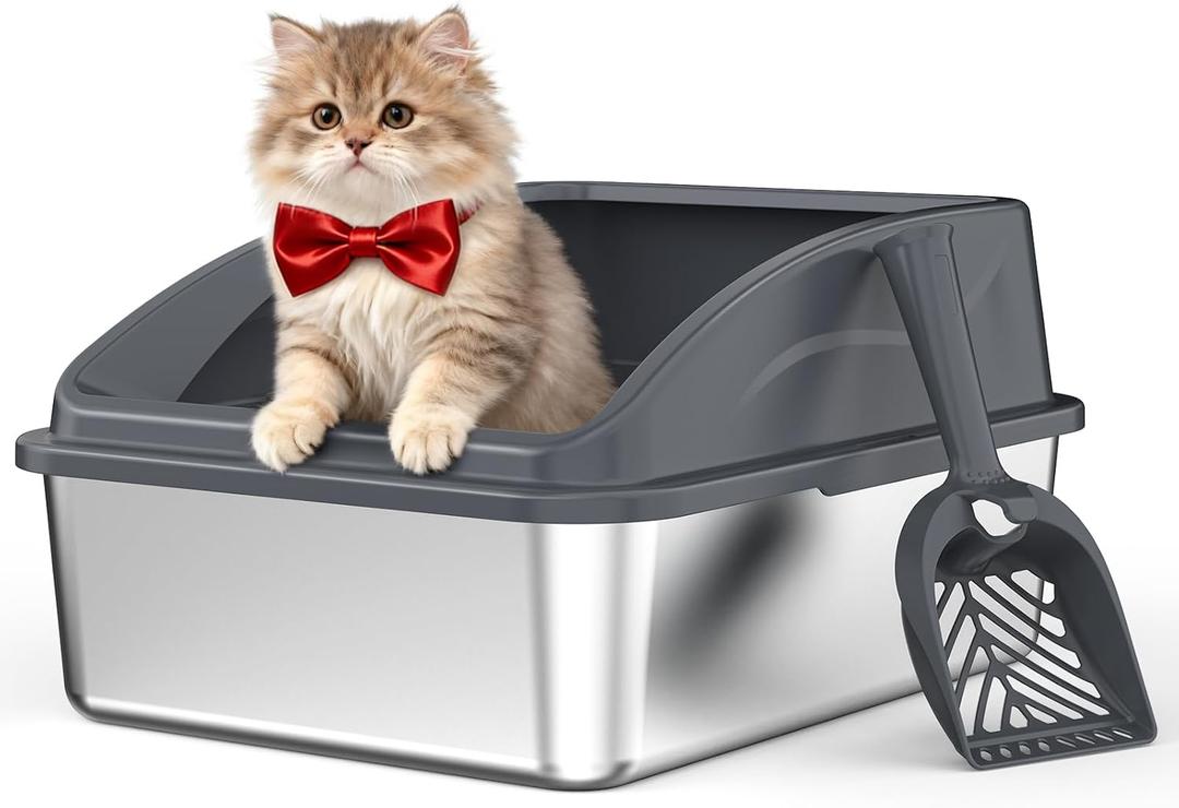 AIPERRO Stainless Steel Litter Box | Metal Kitty Litter Box with Lid High Sided for Small Cats or Injured Cats, Bunny Litter Boxes, Low Entry, Odor-Free, Non-Stick,Includes Scoop (Dark Gray, Small)  17.3"L x 13"W x 8"H