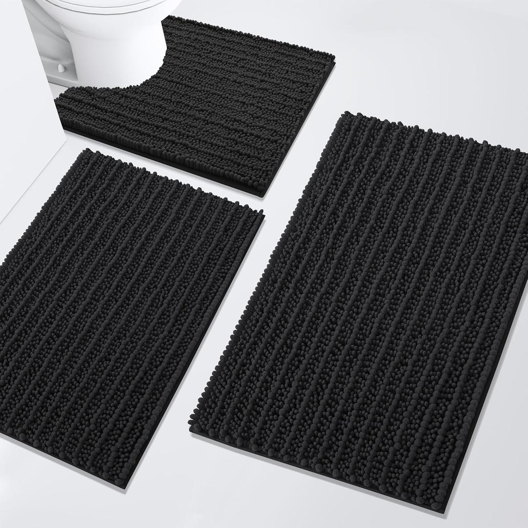 Arotive Chenille Bathroom Rugs Set 3 Piece, Extra Soft Absorbent Shaggy Bath Mat and U-Shaped Contour Toilet Rug, Non-Slip Machine Wash Dry Bath Mats Set for Bathroom, Shower, Sink and Tub, Black (24" x 16" + 30" x 20" + 24" x 20")