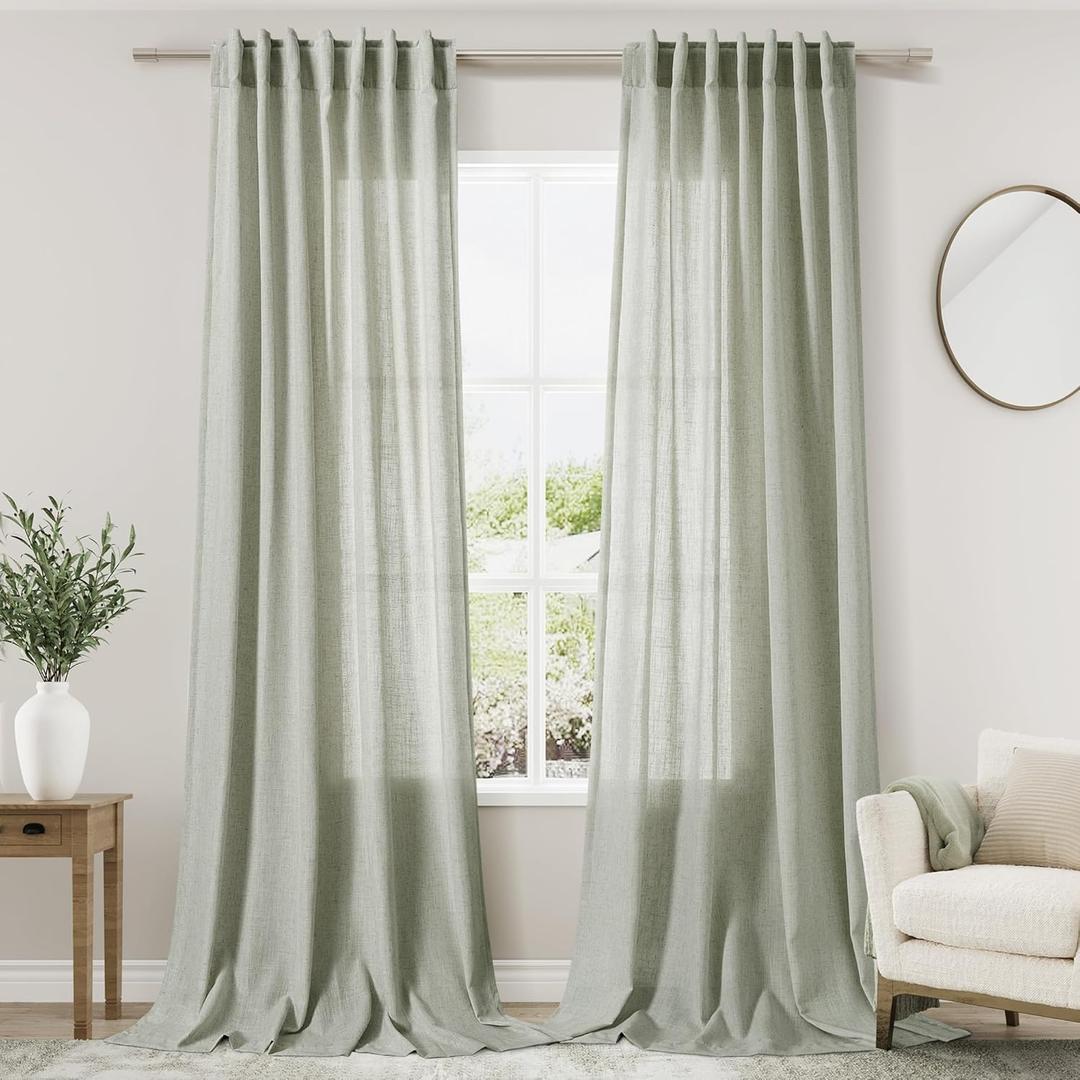 Sage Green Curtains 96 inches Long 2 panels for Living Room Back Tab Rod Pocket Semi Sheer Linen Draperies Muted Neutral Room Decor Earth Tone Pale Green Curtains 96 inch Length for Diningroom