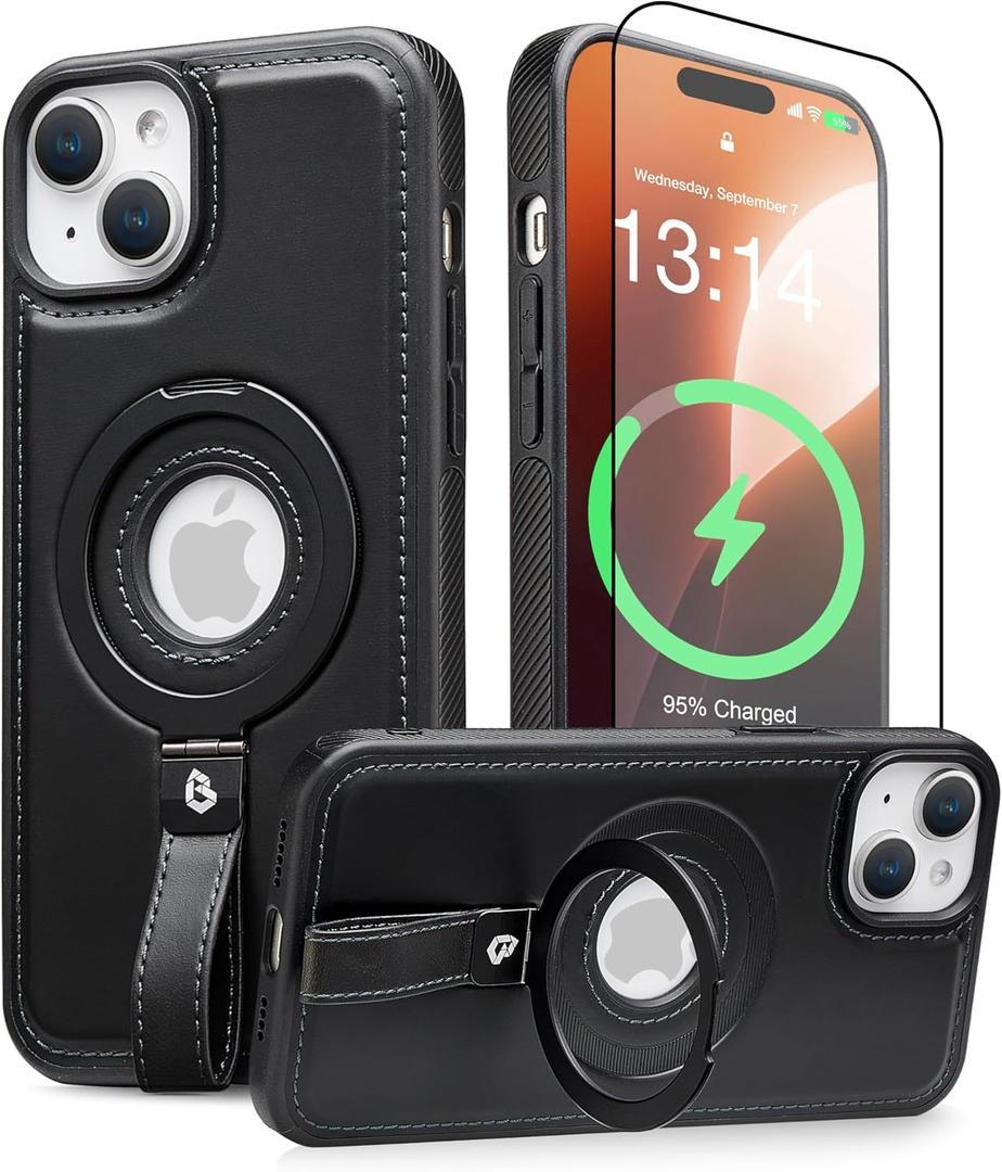 for iPhone 15 Leather Case with Stand, Anti-Slip Grip Ring, Fits for MagSafe (Black, iPhone 15)