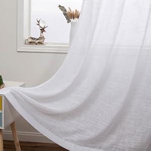 Whoiy 52 Inch Length Sheer Curtains Linen for Living Room, 2 Panel Solid Color White Semi Sheer Curtains Modern 42W x 52L Inch