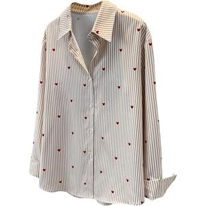 SweatyRocks Women's Heart Print Striped Button Down Shirts Dressy Casual Long Sleeve Blouses Brown Large