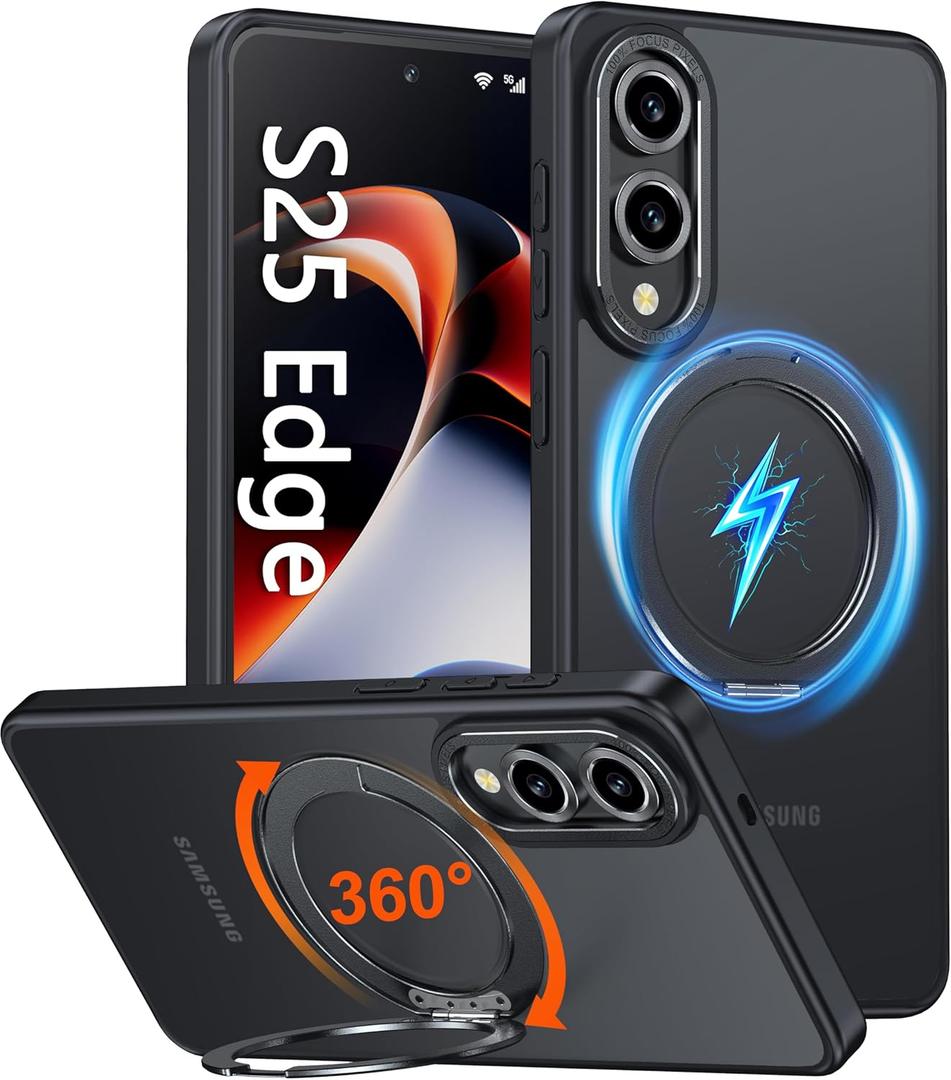 Oneagle 360 Spin Magnetic Stand for Samsung Galaxy S25 Edge Case Translucent [Fit for Magsafe], Matte Slim S25 Edge Phone Case 6.7" with [Rotatable Kickstand Ring] [15FT Military Grade Shockproof]