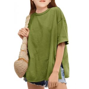 CharmWM Girls Fashion T Shirts Raw Hem Oversized Summer T Shirt Short Sleeve Tops Tees Shirt 5-14 Years (Green)