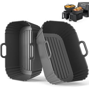 Silicone Air Fryer Liners 2 Pack, Reusable Compatible for Ninja Foodi DZ201, DZ401, DZ550, DZ302, COSORI 9QT, Chefman, Instant, and 6-in-1 8-10QT Dual Baskets (Black)