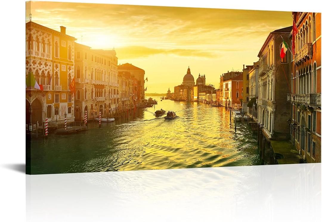 KLVOS Italy Canvas Wall Art Venice Sunset Landscape Grand Canal at Dusk Pictures Painting Modern Cityscape Artwork Home Office Living Room Bedroom Decor Framed Ready to Hang