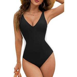 BMJL Women's One Piece Swimsuit Slimming Tummy Control Bathing Suit Deep V Neck Color Block Lace Up Back Swimwear (Size XL, Black)