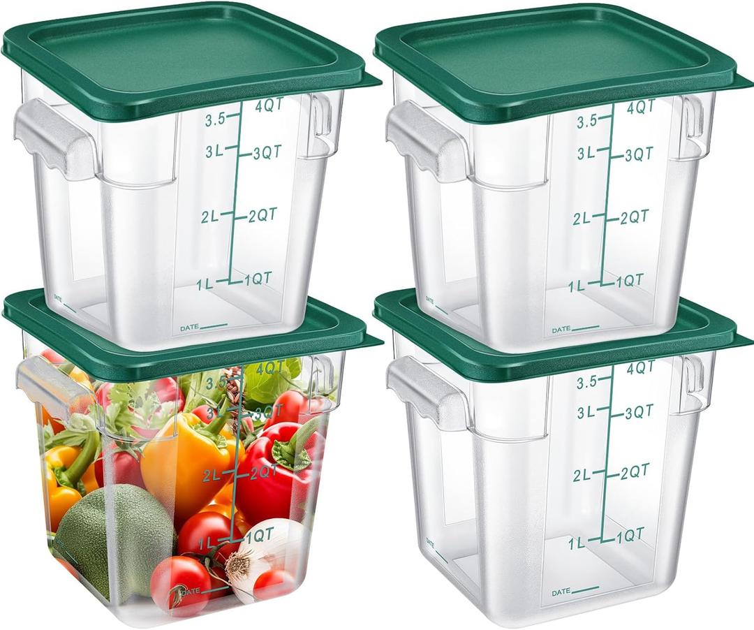 Maxcheck 4 Pcs 4qt Food Storage Container with Lids Bulk Clear Commercial Food Storage Bins with Scale Handle Space Saving Restaurant Tubs for Kitchen Prep Proof Dough Marinating Meat(Green)
